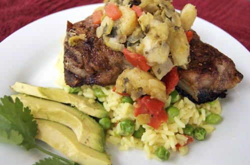 Caribbean Spiced Pork Chops with Banana Relish and Peas and Rice