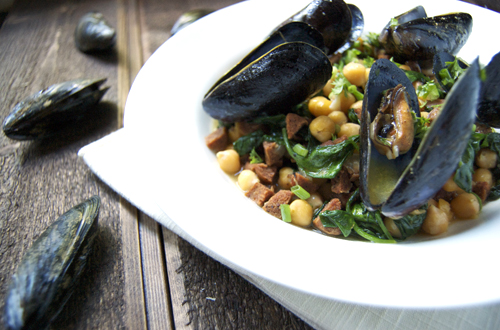 Steamed Mussels w/ Chickpea Chorizo Butter Broth