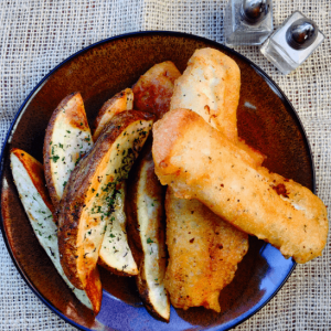 beer battered fish n chips with potato wedges