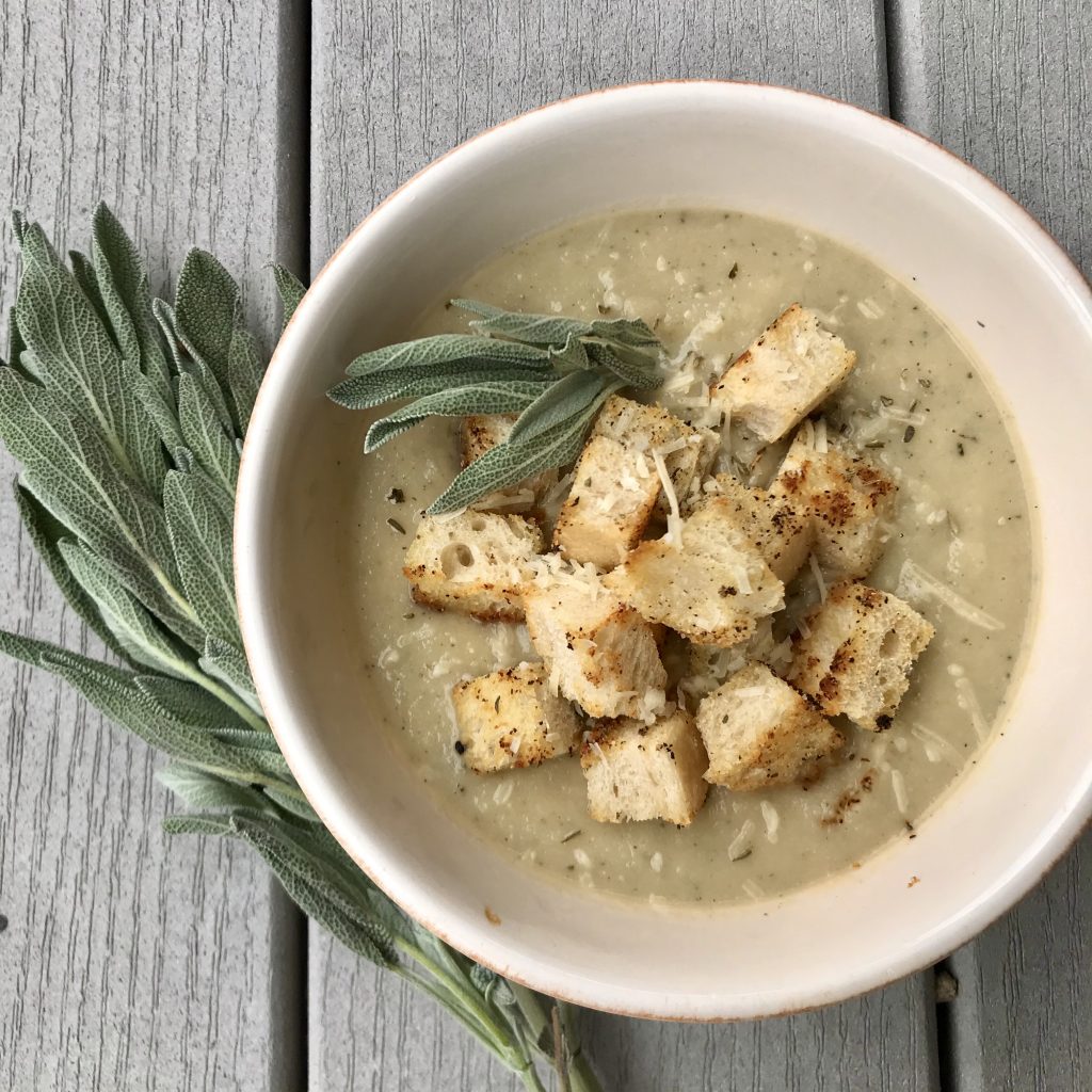 Sage White Bean Cauliflower Soup with Croutons