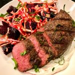 grilled steak with beet and cabbage slaw with whipped goat cheese