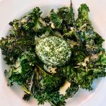 kale chips with whipped goat cheese and soft boiled egg