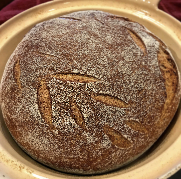 baked chewyy spelt bread with scoring design in dutch oven