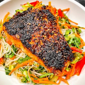 Chili Crunch Broiled Salmon with Vietnamese Noodle Salad & Nuac Cham