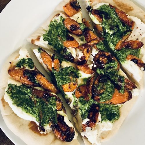 Suzanne Cups hot honey roasted carrot flatbreads with basil chermoula sauce and ricotta cheese